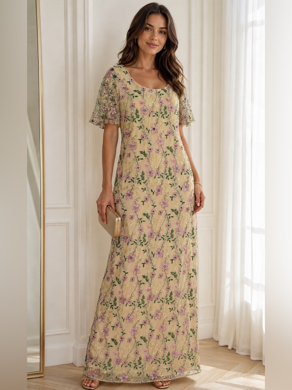 NWT JS Collections Hannah Floral Embroidered Beaded Flutter Sleeve Gown 6